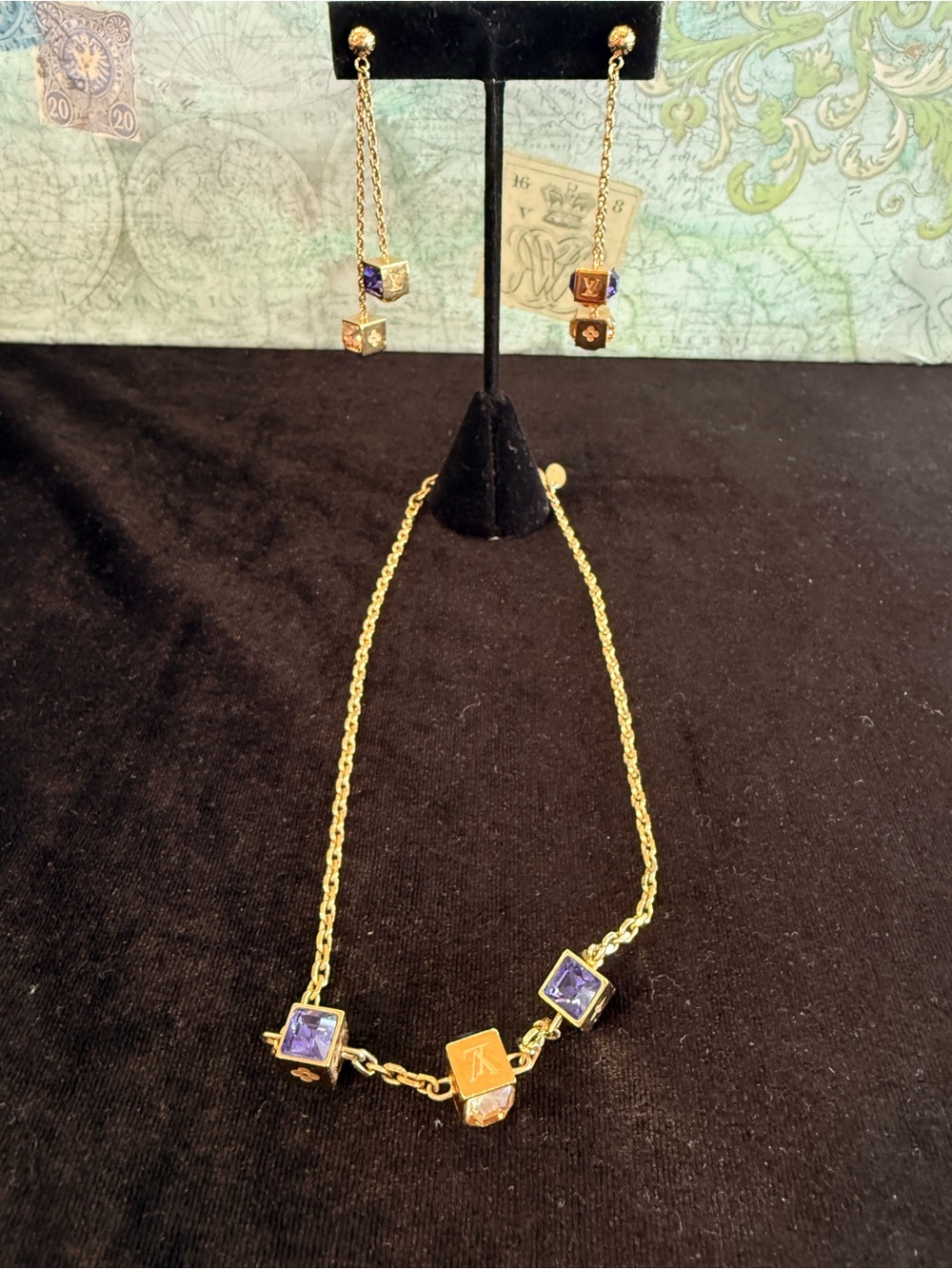 Louis Vuitton Gold-Tone Necklace & Drop Earrings Set with Purple and Gold Stones